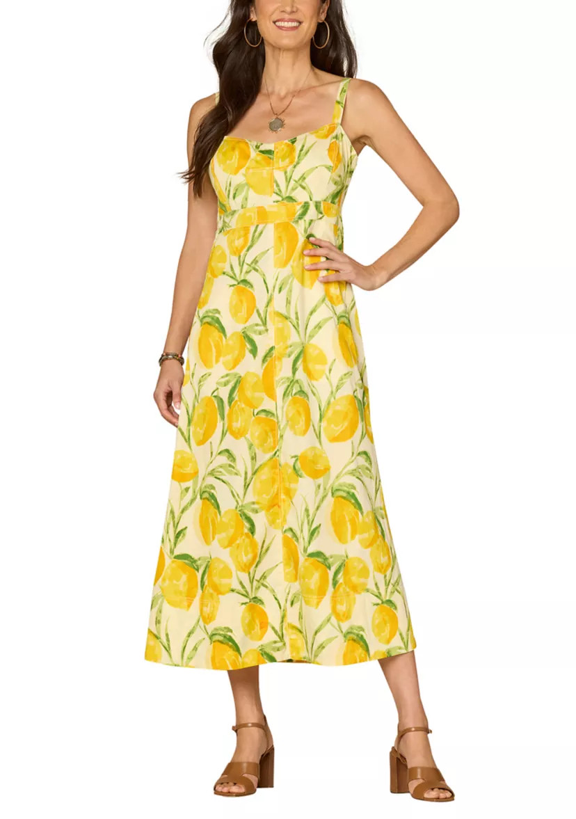 Women's Sleeveless Lemon Printed Woven Tank Midi Dress | Belk