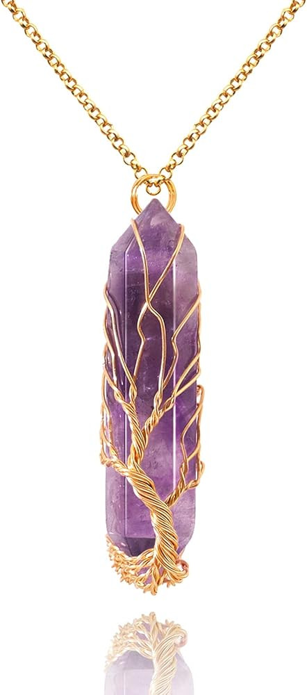 VIBILIA Healing Crystal Necklace Tree of Life Wire Wrapped Natural Stone Point Pendant Necklace H... | Amazon (US)