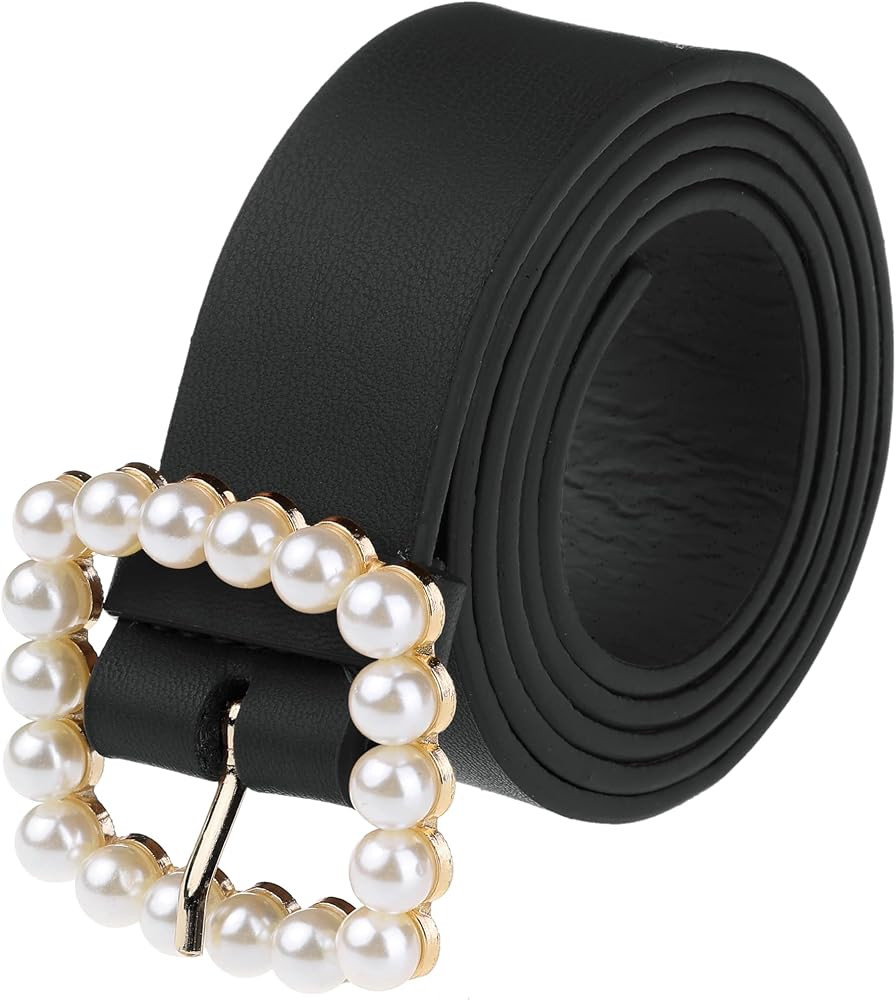 Elerevyo Women Faux Leather Pearl Buckle Belt, 1.2" Wide Waistband Waist Belts for Jeans Pants Dr... | Amazon (US)