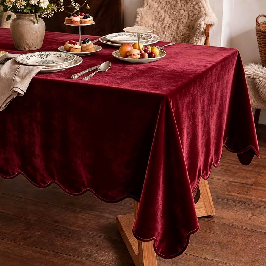 Christmas Velvet Tablecloth Burgundy Scalloped Edge Tablecloth Retro Farmhouse Tablecloths Washab... | Amazon (US)