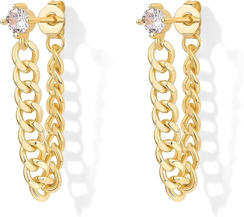 PAVOI 18K Gold Plated 925 Sterling Silver Dangle Chain Earrings for Women - Cubic Zirconia Studs ... | Amazon (US)