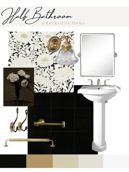Ivory and black half bathroom mood board with honed granite tile floors and floral wallpaper 

#LTKstyletip #LTKhome