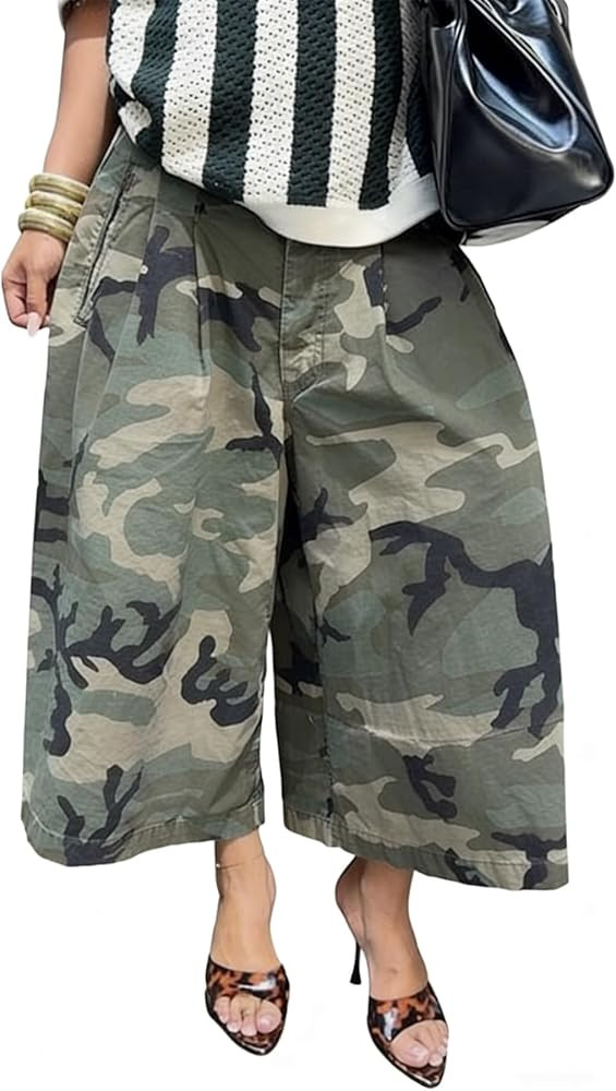 NRTHYE Womens Camo Cargo Jeans Army Fatigue Baggy Wide Leg High Waist Capris Camouflage Trousers ... | Amazon (US)