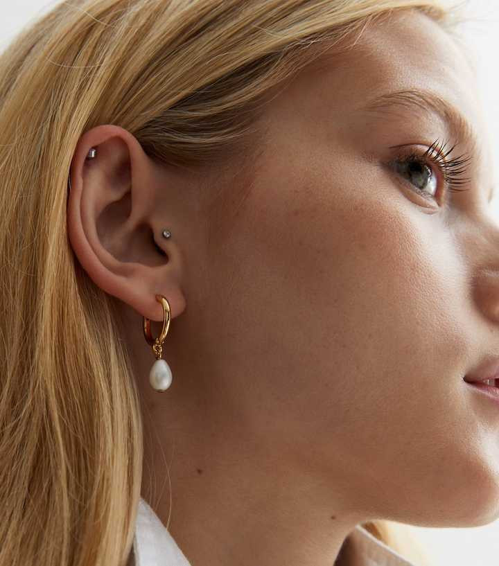 18ct Gold Plated Faux Pearl Drop Hoop Earrings | New Look | New Look (UK)
