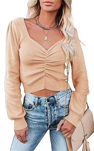 PRETTYGARDEN Fall Long Sleeve Cropped Sweaters for Women 2024 Off The Shoulder V Neck Ruched Ribb... | Amazon (US)
