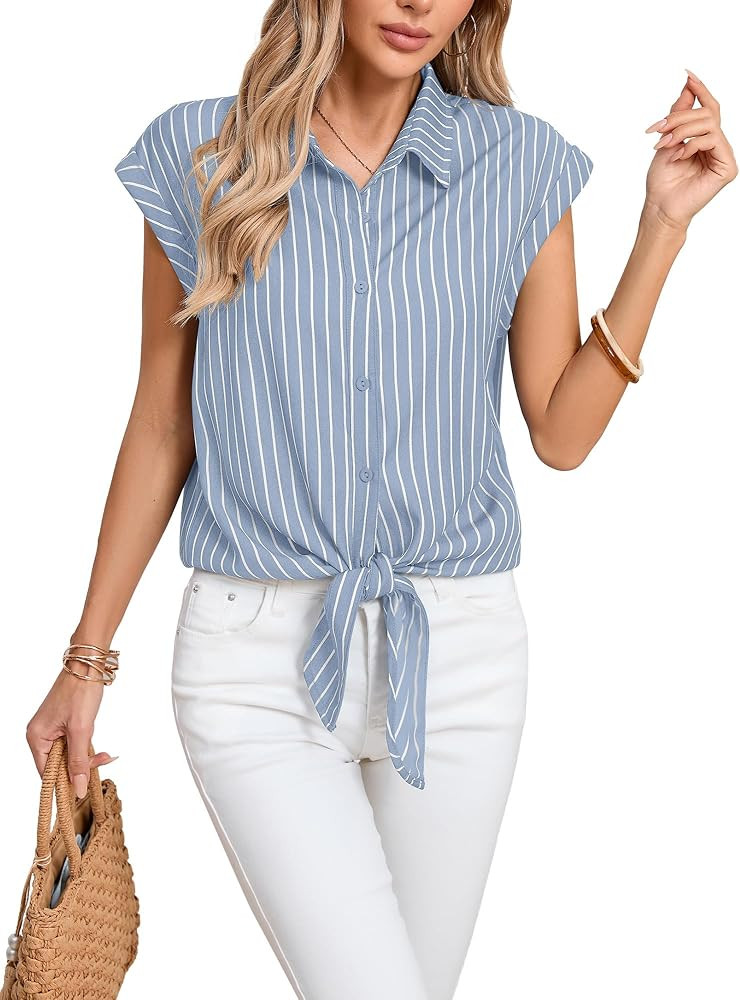 Poplab Women's Striped Button Down Shirts Short Cap Sleeve Tie Front Blouse Summer Casual Tops | Amazon (US)