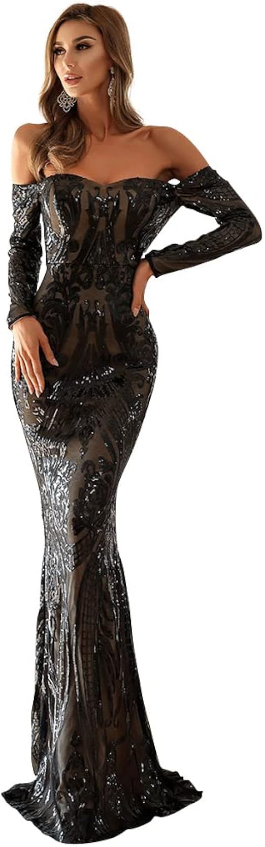 Miss ord Sexy Long Sleeve Retro Party Dress Sequin Formal Maxi Dress, Elegant Mermaid Evening Pro... | Amazon (US)