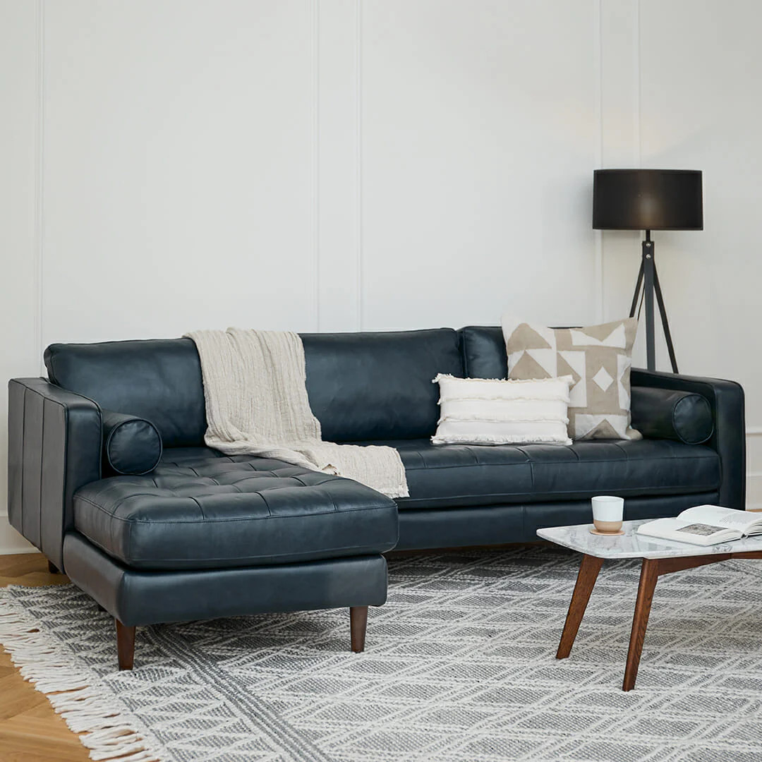 Sven 100" Tufted Leather Left Sectional - Oxford Blue | Article