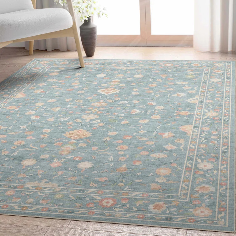 Bungalow Rose Aylena Hereke Floral Blue Area Rug | Wayfair North America