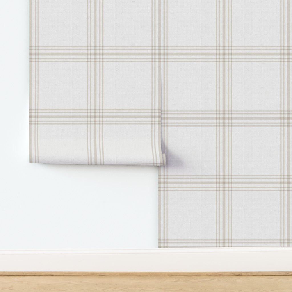 Wallpaper in Windowpane Plaid - Greige on white Large Scale | Spoonflower