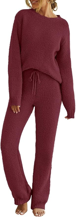 MEROKEETY Womens Fuzzy Fleece Long Sleeve 2 Piece Loungewear Outfits Sweater Pants Pajama Sets | Amazon (US)