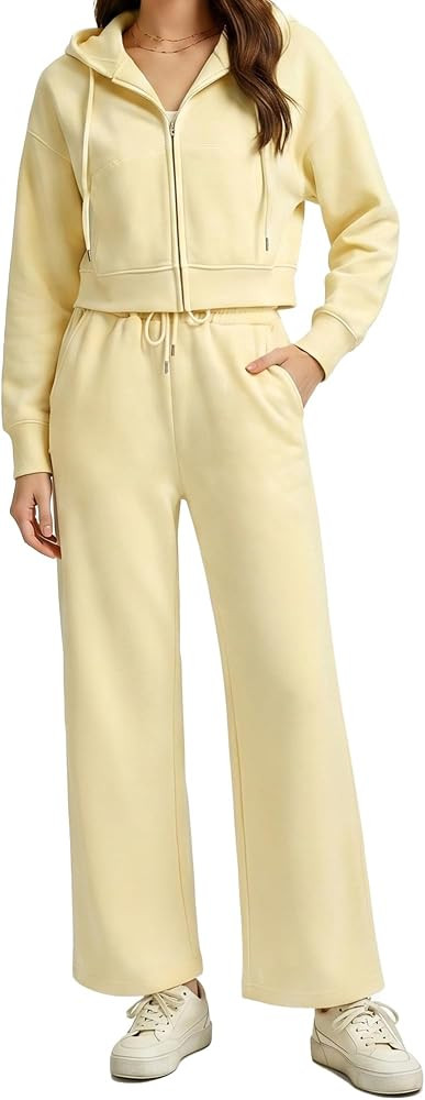 Women's 2 Piece Cotton Blend Sweatsuit Zip Up Hoodie Wide Leg Pants Matching Lounge Fall Spring | Amazon (US)