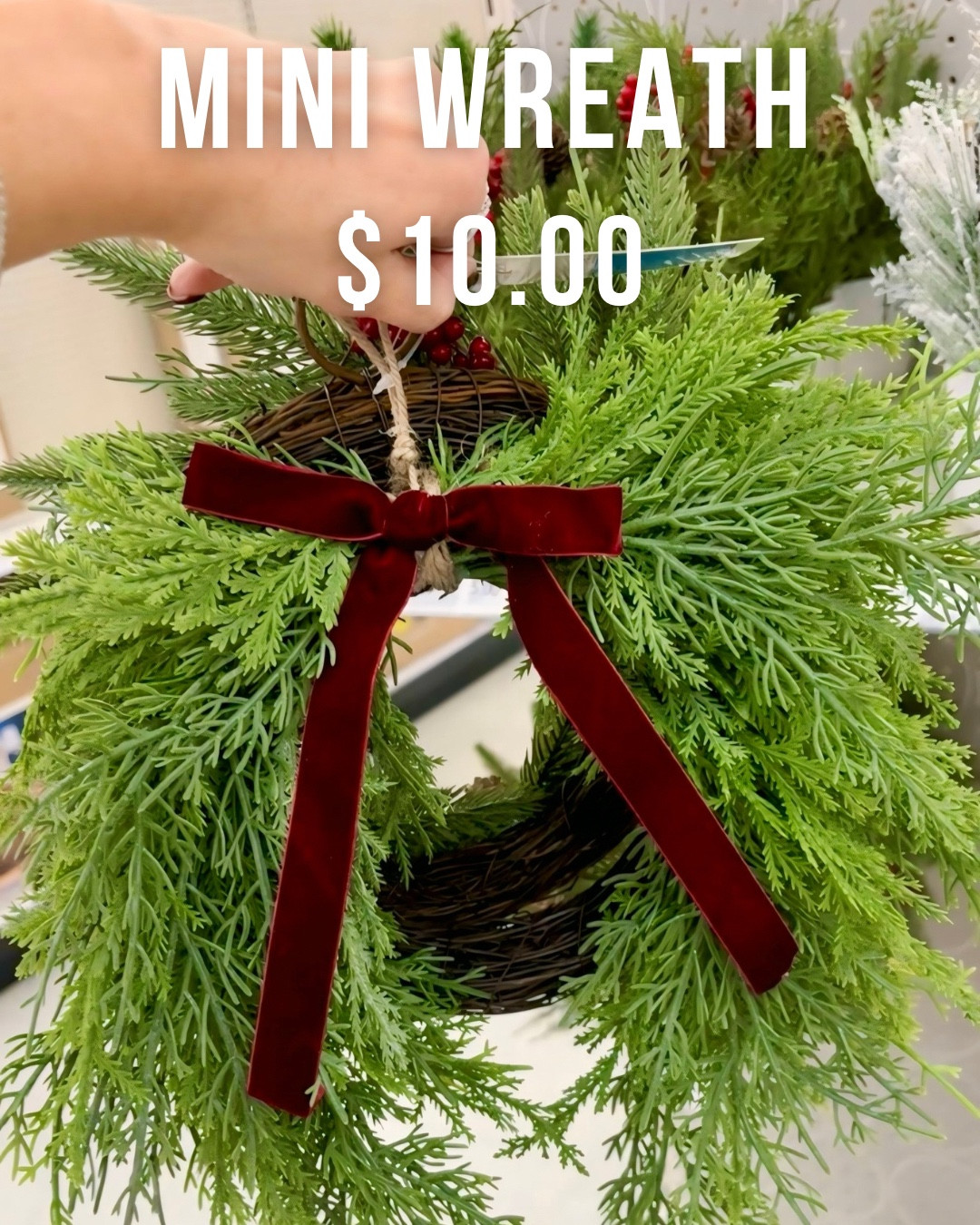 Mini wreaths for $10 - Hang on cabinets, the backs of dining room chairs, windows, hallway doors, your stair rails, or in garland!