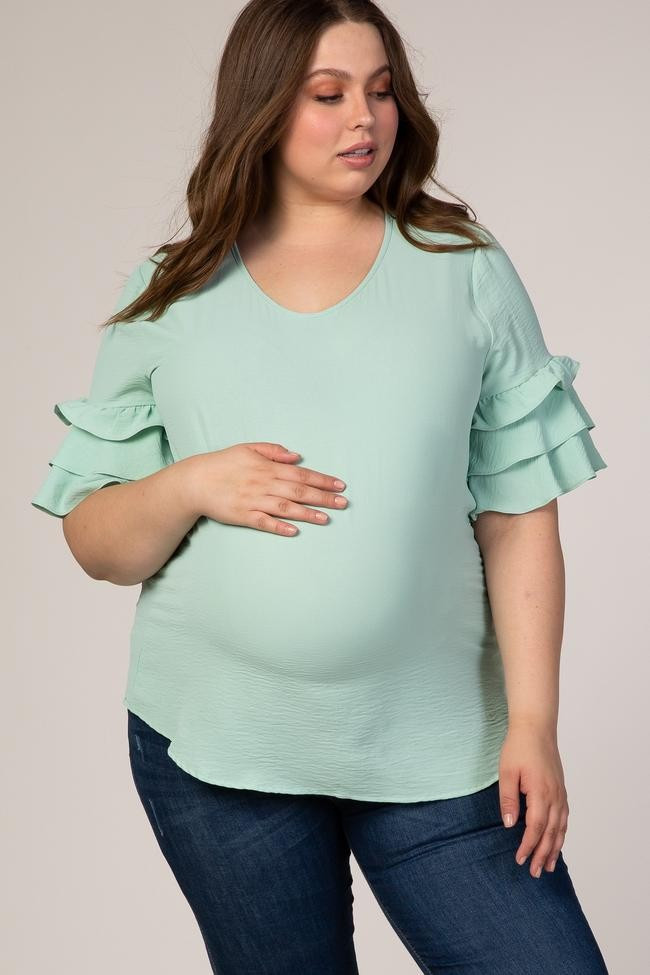 Mint Green Ruffle Sleeve Plus Maternity Blouse | PinkBlush Maternity