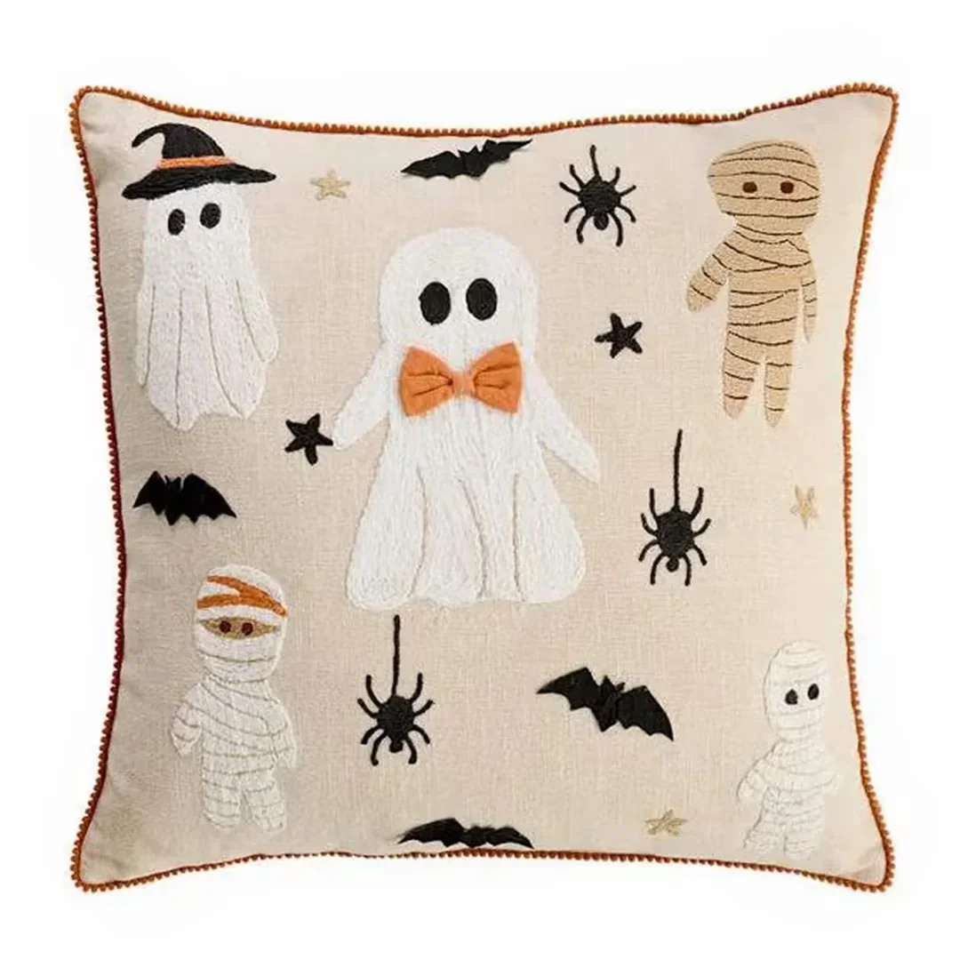 Leutsin Halloween Ghost Mummy Embroidery Throw Pillow, Beige Decorative Linen Cushion with Ghost Mummy Bat Spider Star Embroidered Pattern for Bed Couch & Fall Home Farmhouse Decor, 18 x 18 Inch | Walmart (US)