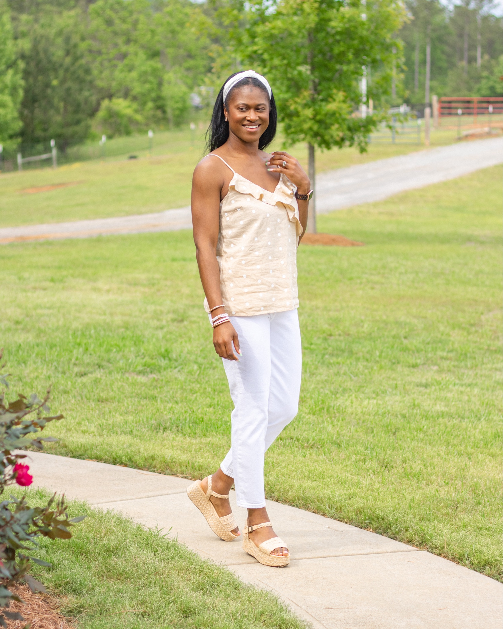 Today’s office work outfit! I paired this polka dot tank with some white jeans, platform sandals, and cute accessories!

#LTKstyletip #LTKworkwear #LTKunder50