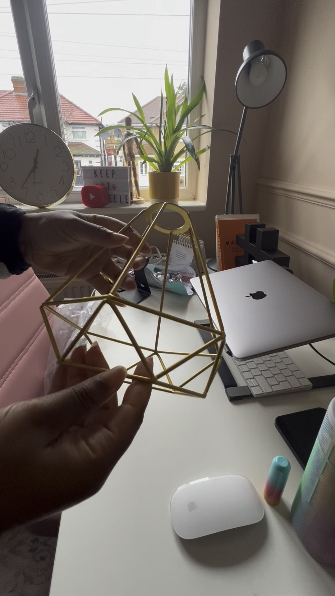 Office decor, home Office, gold accents, interior, pink office, gold light shade, gold wall clock, standing desk, laptop stand, retro lightbulb, gold lightbulb 

#LTKuk #LTKeurope #LTKhome