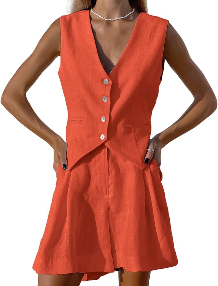 BBIQI Blazer Short Sets Women 2 Piece Outfits Business Suit Sleeveless Button Vest Shorts and Bla... | Amazon (US)
