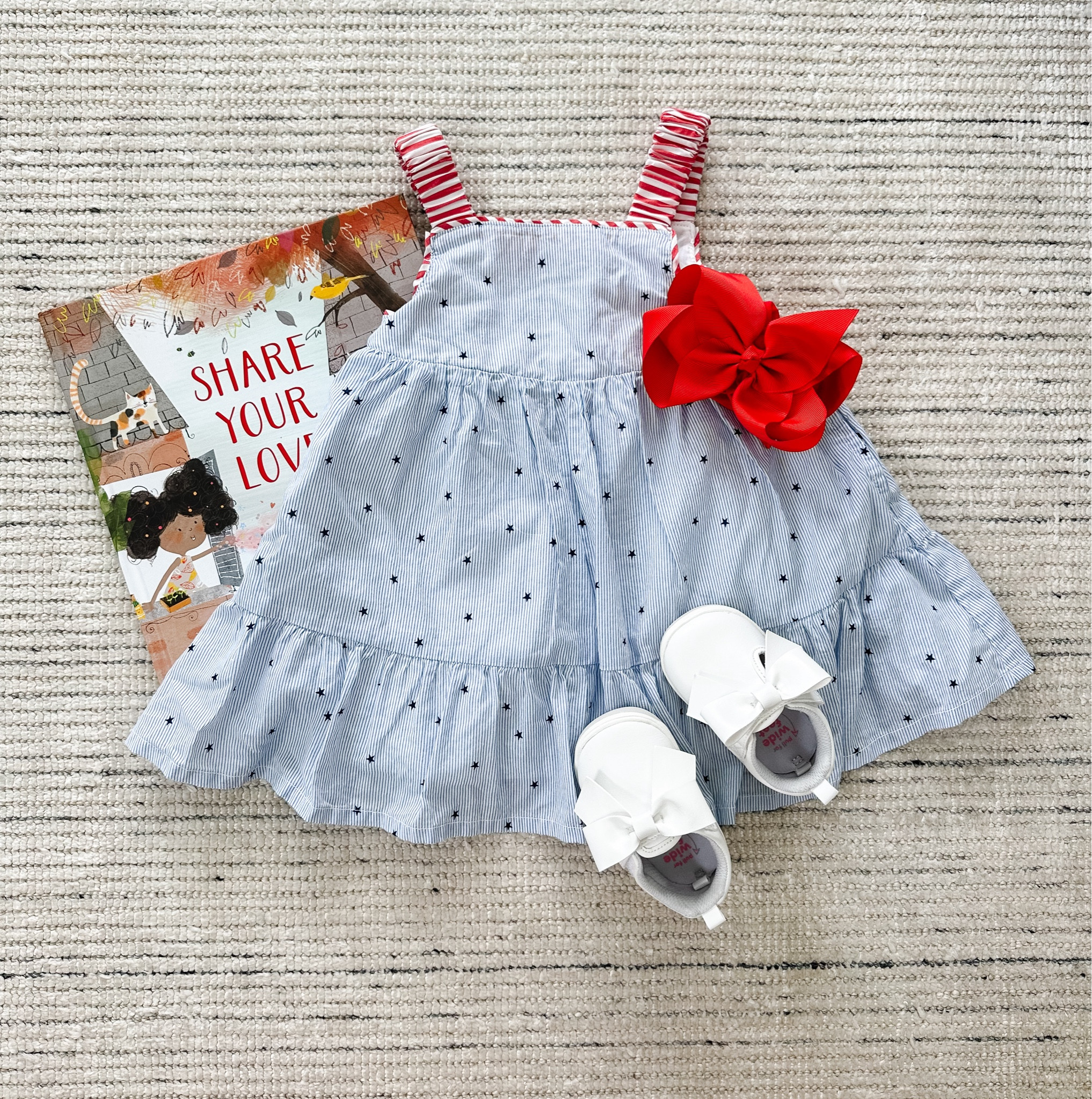 Adorable blue and white striped ruffled tiered dress paired with white bow shoes and red bow for baby girl during spring and summer! Perfect for Independence Day and fits up to 5T

#LTKBaby #LTKKids #LTKStyleTip