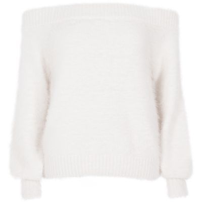 White bardot fluffy knit sweater | River Island (US)