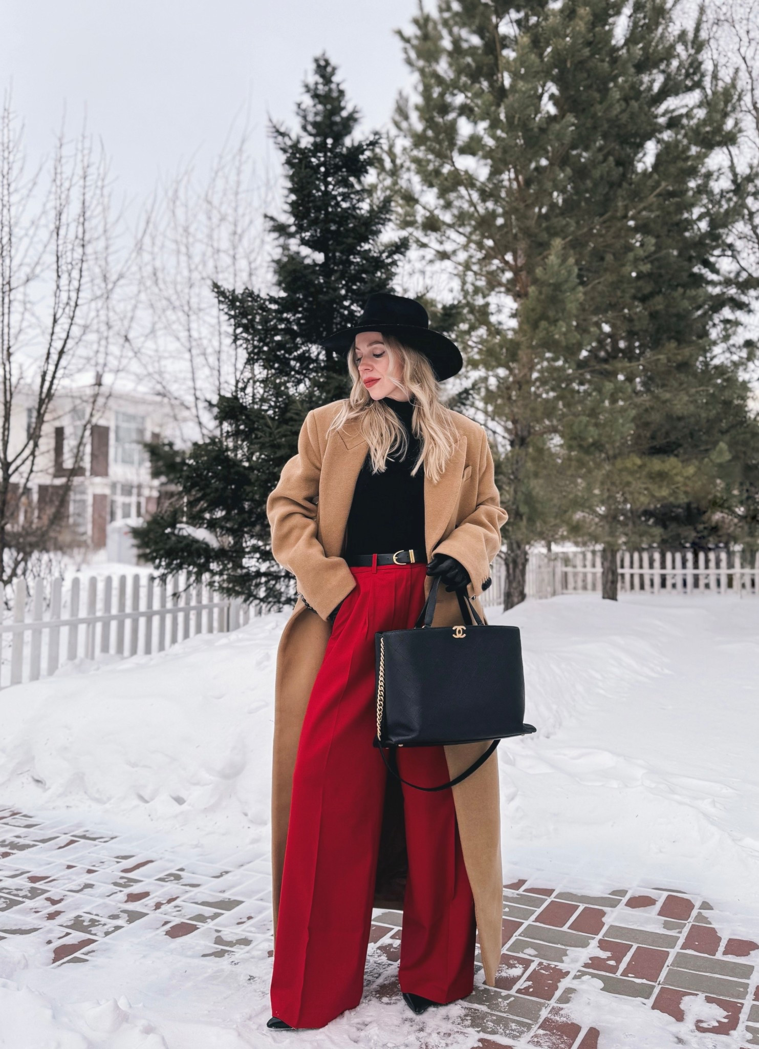 Camel coat, camel red and black outfit, red wide leg pants, winter workwear

#LTKOver40 #LTKSeasonal #LTKWorkwear