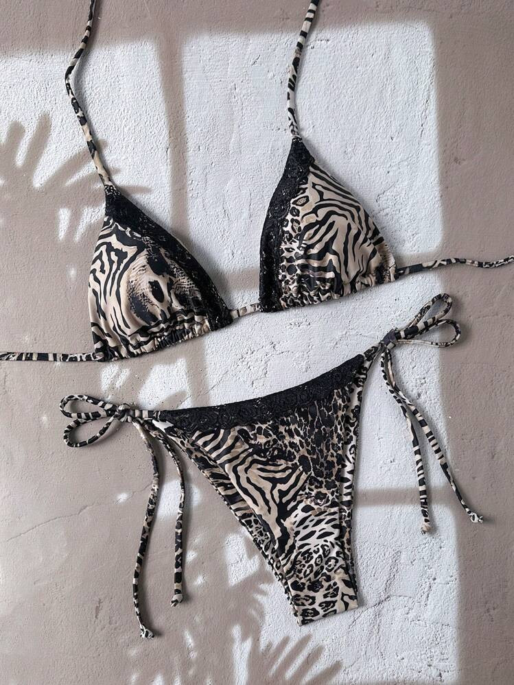 SHEIN Swim Vcay 2025 Summer Beach Lace & Random Print Patchwork Halter Neck Sexy Top And Side Tie Swim Bottoms Women Bikini Set Leopard Print Bikinitriangle Bikini Two Pieces Bikini | SHEIN