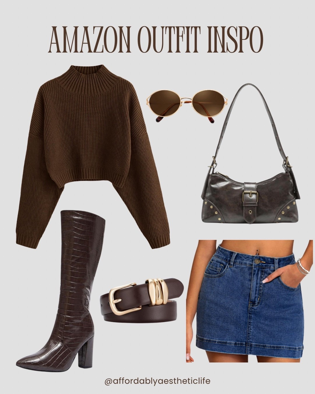 Amazon outfit under $150 total ✨

Everything you need:
• Chocolate brown oversized knit sweater
• Denim mini skirt
• Brown croc-embossed knee-high boots
• Y2K shoulder bag
• Oval sunglasses + leather belt

Save this for outfit planning.

#LTKFindsUnder50 #LTKMidsize #LTKSaleAlert