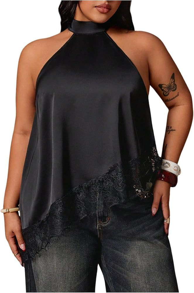 OYOANGLE Women's Plus Size Satin Halter Tops Lace Trim Sleeveless Asymmetrical Flowy Y2K Going Ou... | Amazon (US)