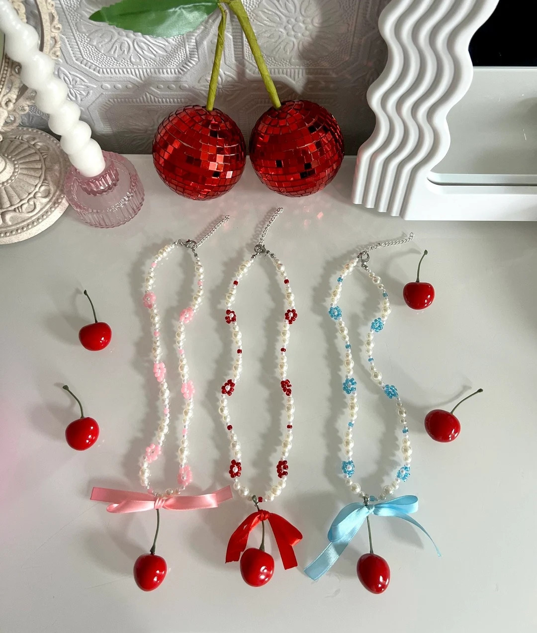 Coquette Cherry Bow Woven Flower Pearl Necklace - Etsy | Etsy (US)