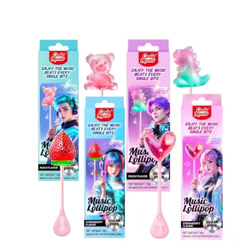 Candy Master Music Lollipop Candy, Singing Audio Lollipop with K-Pop Style, Sugar-Free Fruity Flavors (Strawberry & White Peach), Fun Holiday Gift for Kids & Adults, Cute Shapes, 4 Pack | Amazon (US)