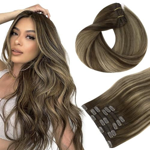 HOTBANANA Human Hair Clip in Hair Extensions, Balayage Chocolate Brown with Honey Blonde 120g Clip in Hair Extensions Real Human Hair Straight Remy Hair Clip Ins Dark Roots Ombre 24 Inch 7pcs | Amazon (US)