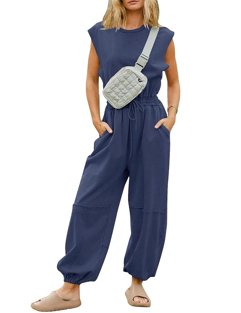 Kissonic Jumpsuits for Women Casual Crewneck Cap Sleeve Drawstring Romper One Piece Outfits with ... | Amazon (US)