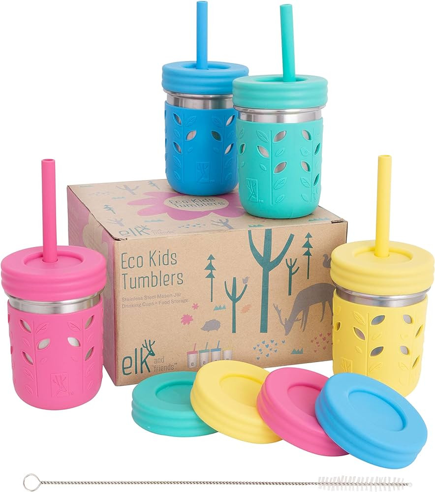 Elk and Friends Stainless Steel Cups | Mason Jar 10oz | Kids & Toddler Cups with Silicone Sleeves... | Amazon (US)