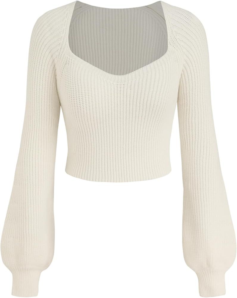 CIDER Knit V-Neck Solid Lantern Sleeve Crop Top | Amazon (US)