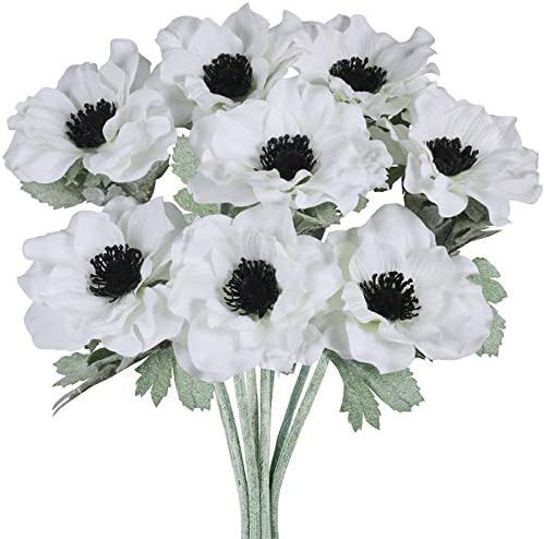 8 Pcs White Poppy Anemone Stems Silk Flowers Artificial Flowers in White with Black Center for Weddi | Amazon (US)