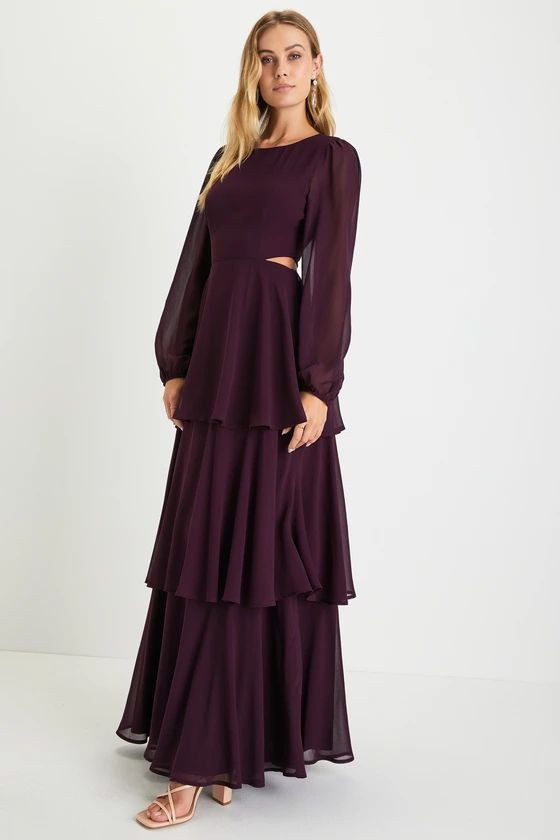 Garden Bliss Plum Purple Cutout Long Sleeve Tiered Maxi Dress | Lulus