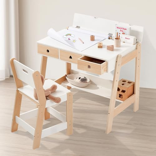 Kids Wooden Table and Chair Set, Study Desk and Chair Set with Storage Drawer, White Learning Table with Cabinets for Boys and Girls Ages 3-8 Years,Suitable for Classroom,Home,Playroom | Amazon (US)