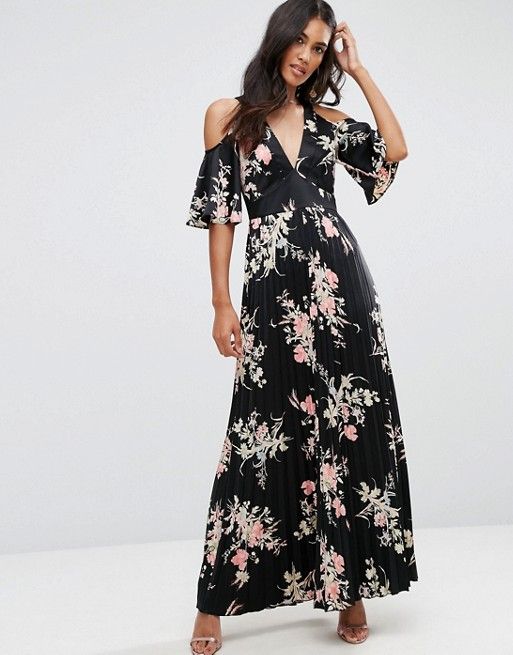 ASOS Cold Shoulder Maxi Dress in Satin Floral Print | ASOS UK