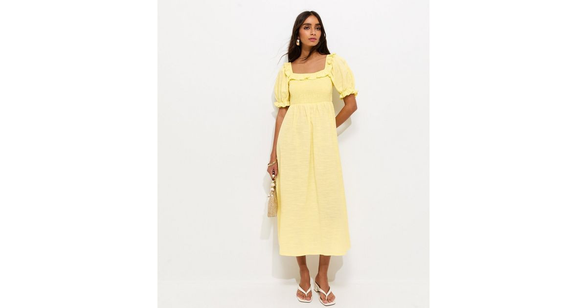 Light Yellow Short Sleeve Shirred Frill Midi Dress | New Look | New Look (UK)