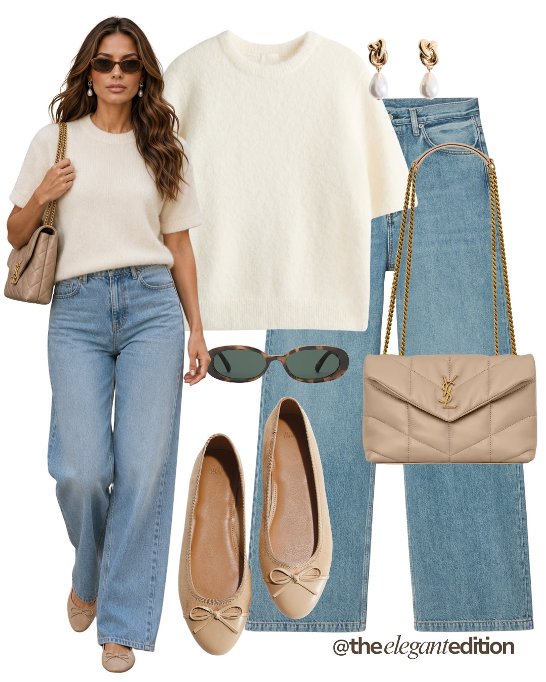 CREAM SWEATER LOOK - Cozy cream knit sweater styled with wide-leg denim, an easy way to transition your summer wardrobe into pre-fall #knitwear #widelegjeans #balletflats #LTKautumn #LTKshoes #LTKstyletip 

 #LTKFashionMonth #LTKeurope #LTKautumn