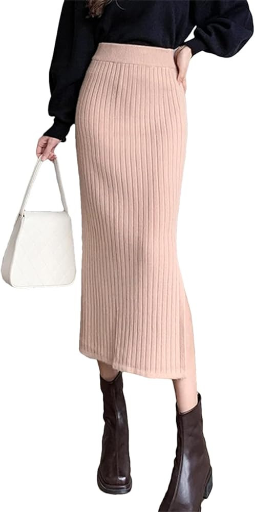 Dcvmvmn Women Autumn Knitted Skirt High Waist A-Line Slit Solid Office Lady Skinny Midi Skirts | Amazon (US)