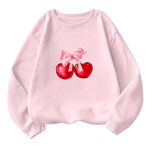 Akklian Cute Sweatshirt for Women Cherry Bow Print Long Sleeve Kawaii Pullover Oversized Loose Teen Girl Preppy Clothes Pink | Amazon (US)