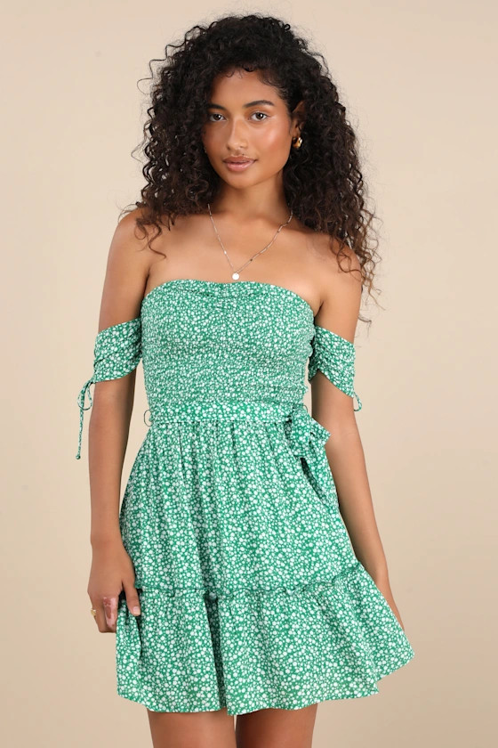 Sweetest Feelings Green Floral Off-the-Shoulder Mini Dress | Lulus