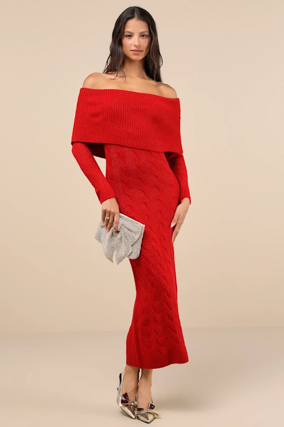 Cozy Excellence Heather Red Off-the-Shoulder Sweater Dress | Lulus