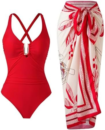 One Piece Swimsuit Women with Cover Up Set Retro Bathing Suit for Women Tummy Control Beach Wrap ... | Amazon (US)