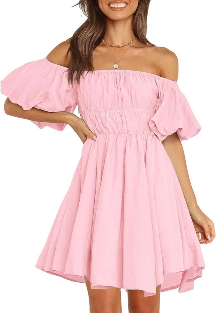 MEROKEETY Women's Puff Sleeve Off Shoulder A Line Dress Ruffle Shirred Summer Mini Dress with Pocket | Amazon (US)