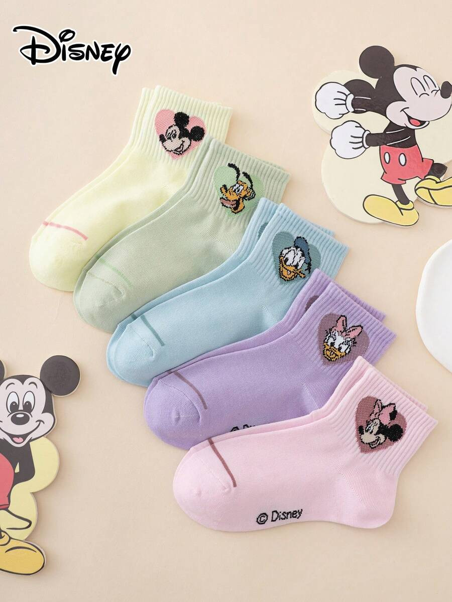 5 Pairs Disney Series Mickey Minnie Heart Pattern Fun Cartoon Kids Mid-Calf Socks | SHEIN