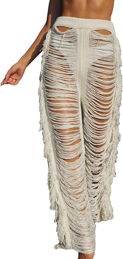 Verdusa Women's Cover Up Pants Fringe Trim Cut Out Swimsuit Bikini Bottom | Amazon (US)