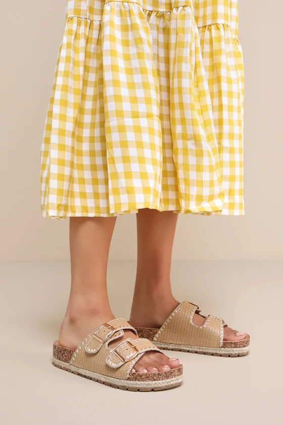 Dalair Natural Raffia Embroidered Buckled Flatform Slide Sandals | Lulus