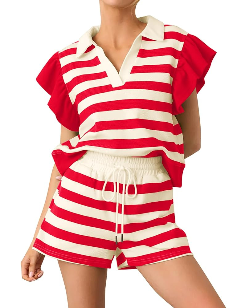 Women Summer 2 Piece Short Sets Striped V Neck Flutter Short Sleeve Tops and High Waist Wide Leg ... | Amazon (US)